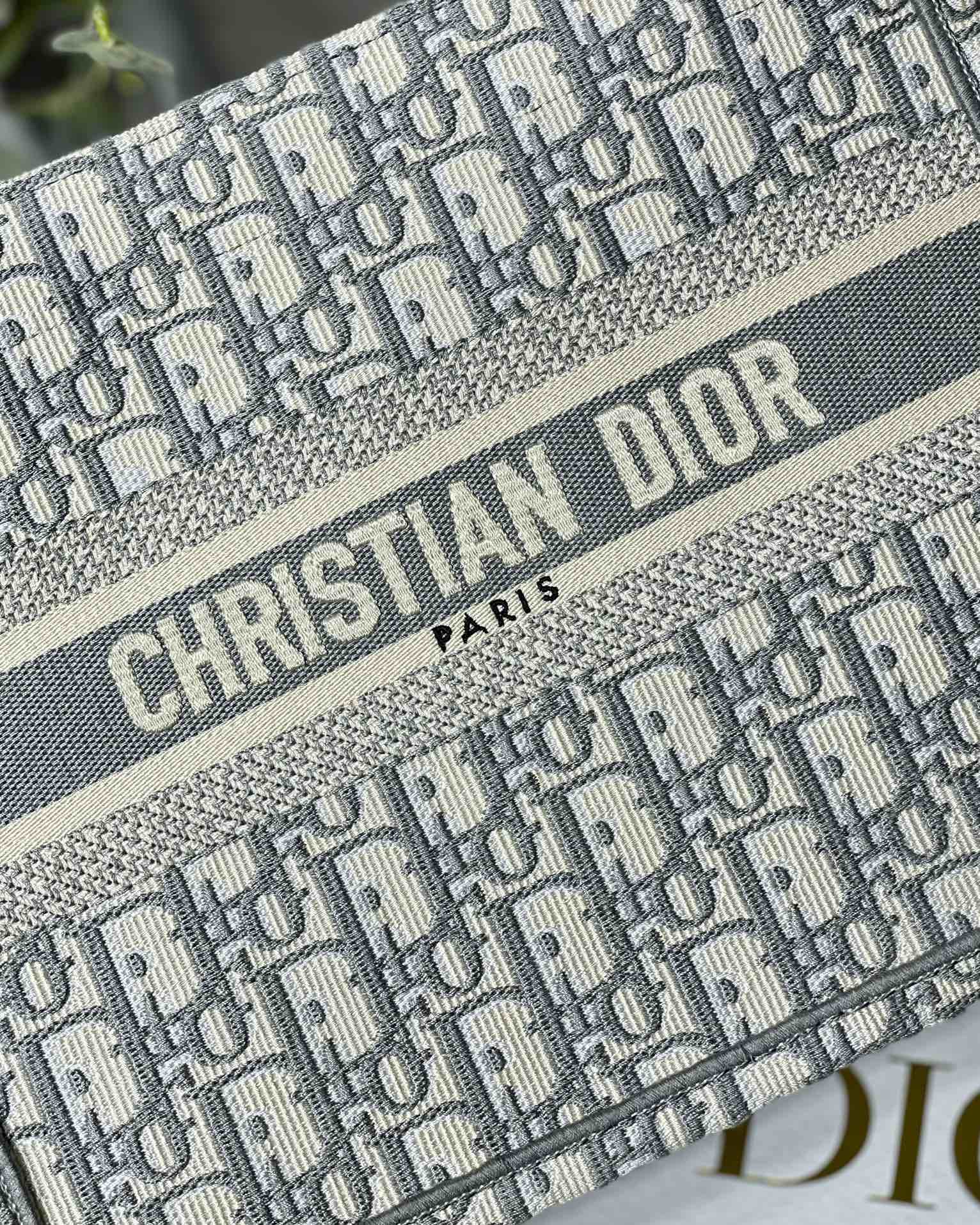 Small Dior Book Tote Bag Ecru and Gray Dior Oblique Embroidery